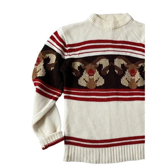 Vtg silton Knit Sweater ram horns Men Large brown cream Red Stripe Reindeer - Picture 5 of 10